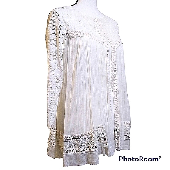 FP ONE IVORY/CREAM CRINKLE COTTON SUMMER CARDIGAN LACE CROCHET SINGLE BUTTON - Picture 5 of 10
